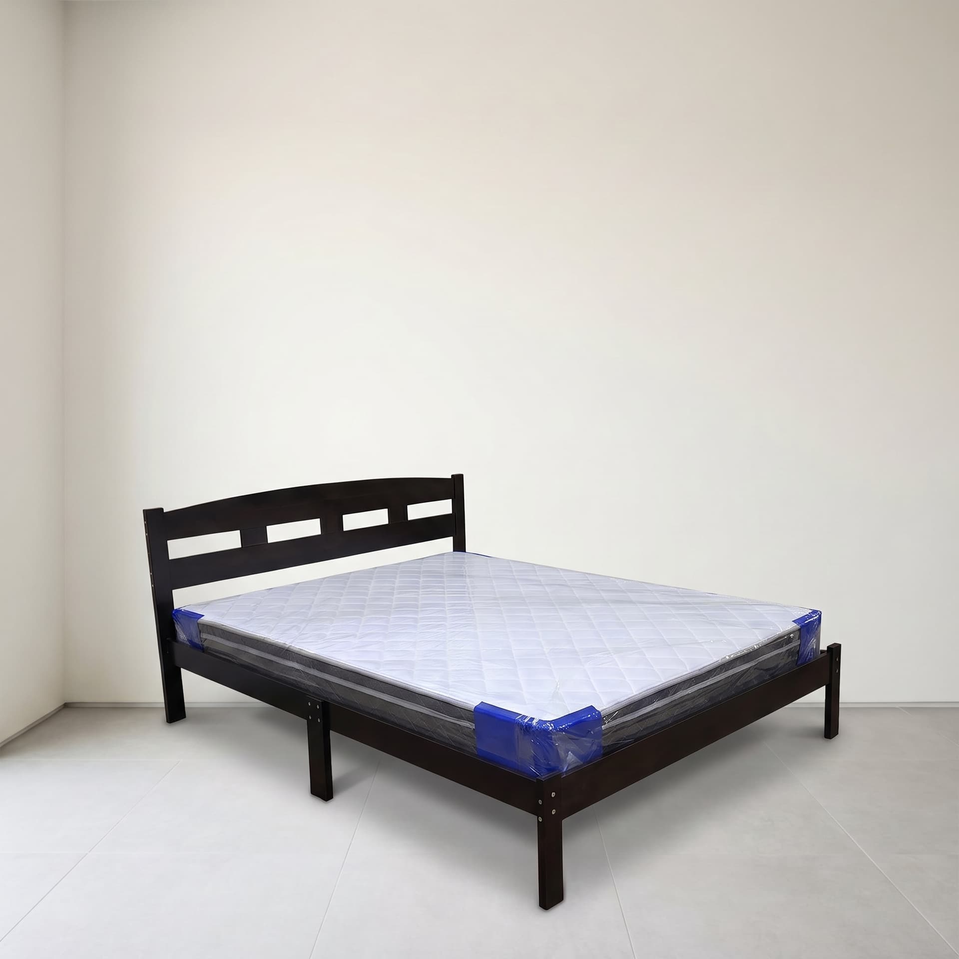 Wooden queen bed frame with spring mattress set for residential bedrooms