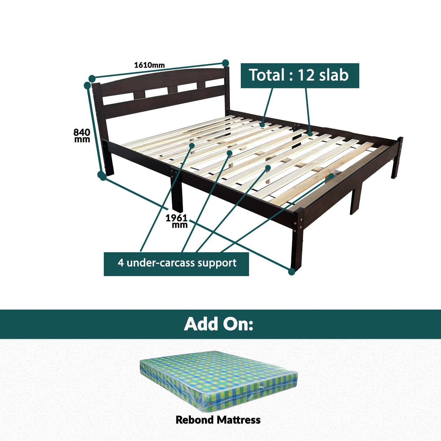 Wooden Bedframe and Queen size Bed Set with 5 X 8" Rebond Mattress
