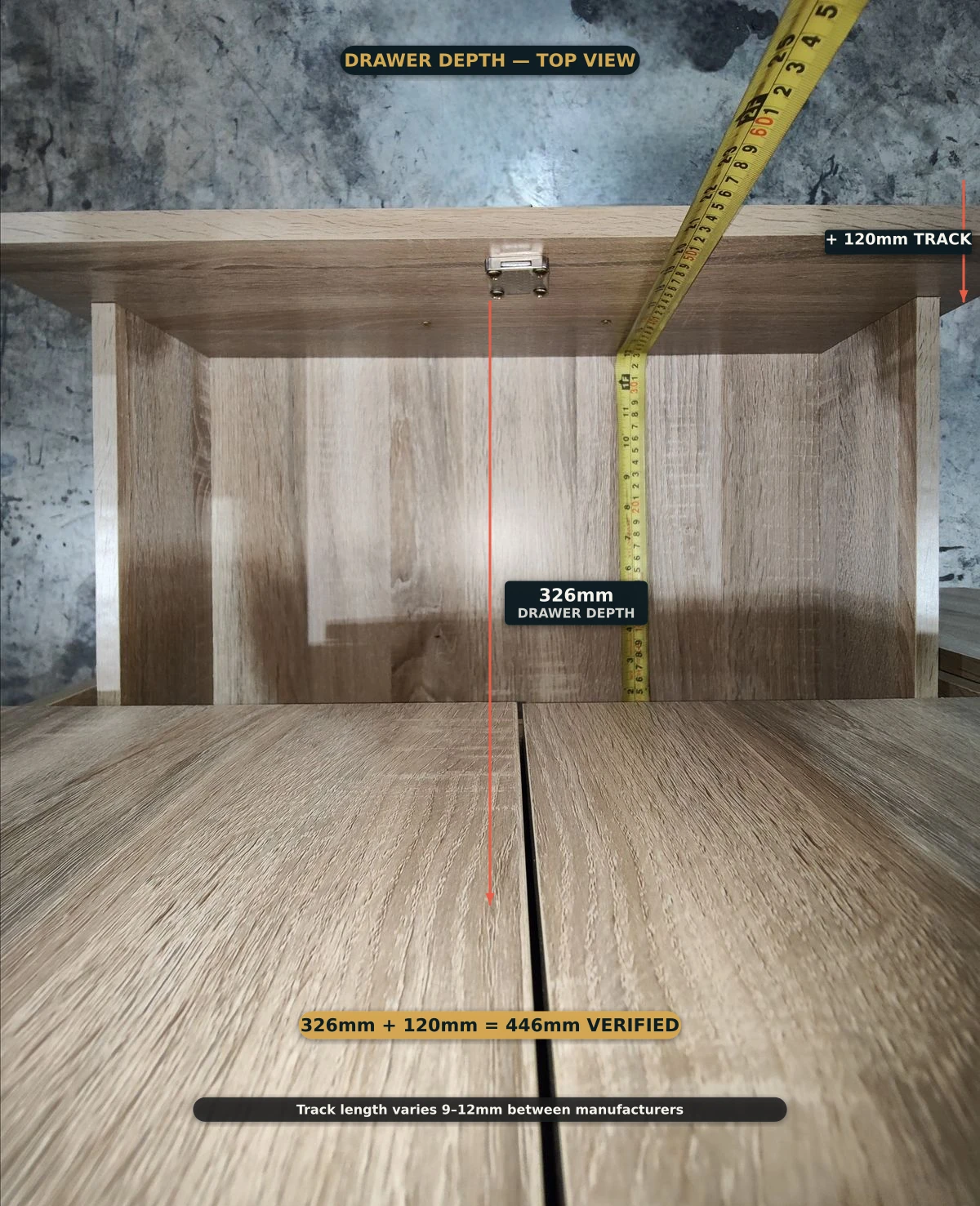 Wardrobe — drawer depth: 326mm measured, 326mm + 120mm track = 446mm confirmed