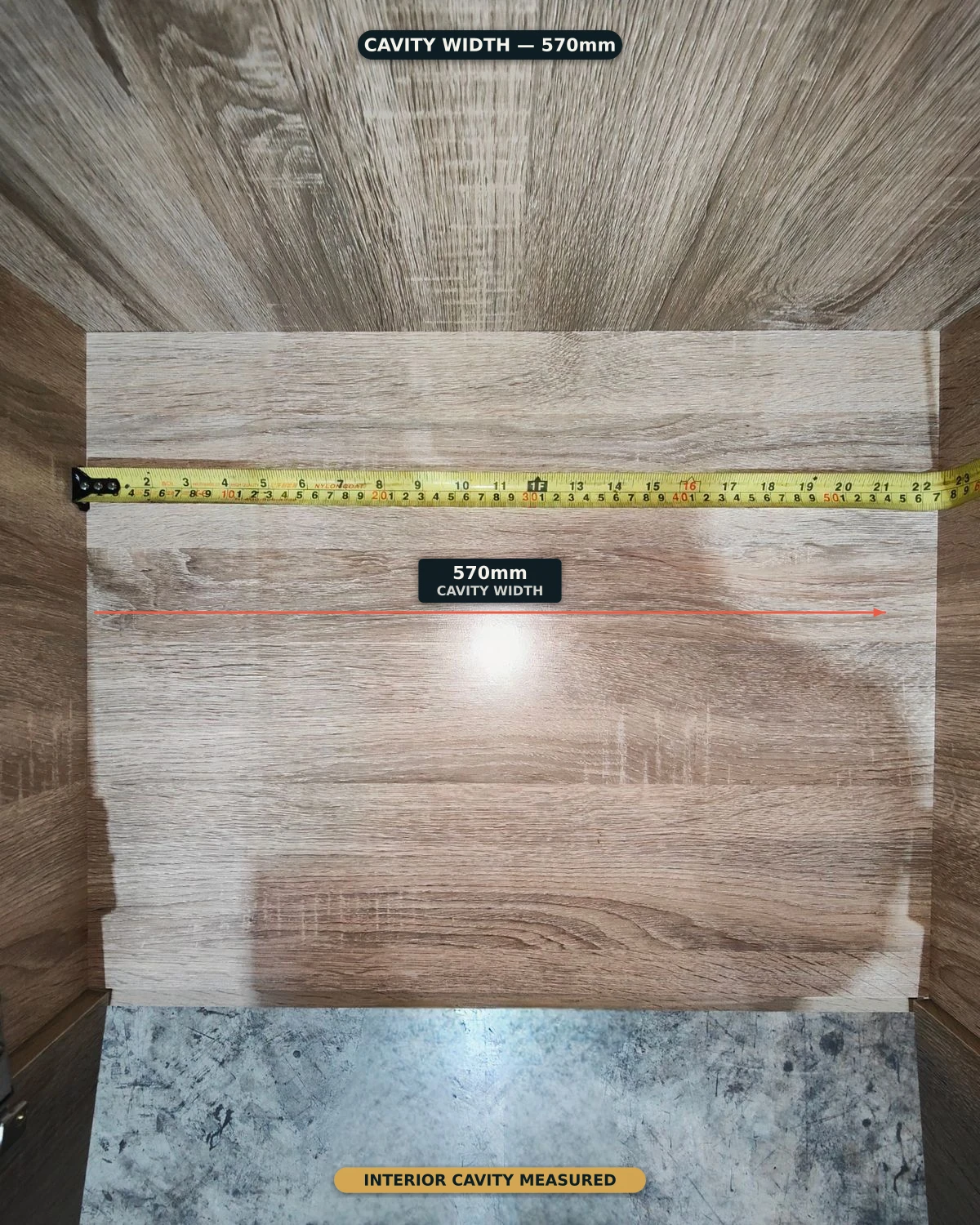 Wardrobe — cavity width: 900mm wide, 446mm deep, full interior measured