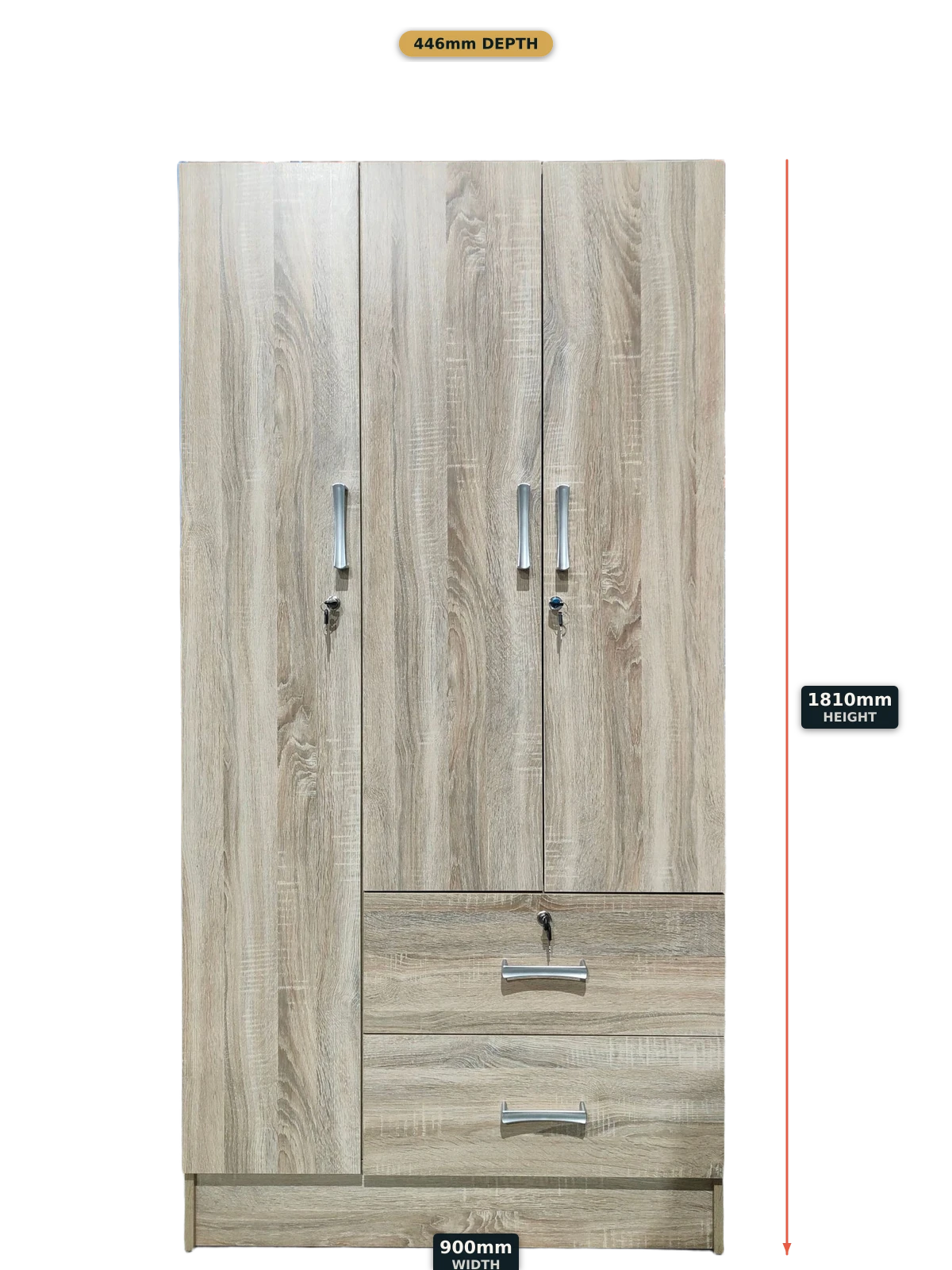 Elegant 3-Door Oak Wardrobe — front view