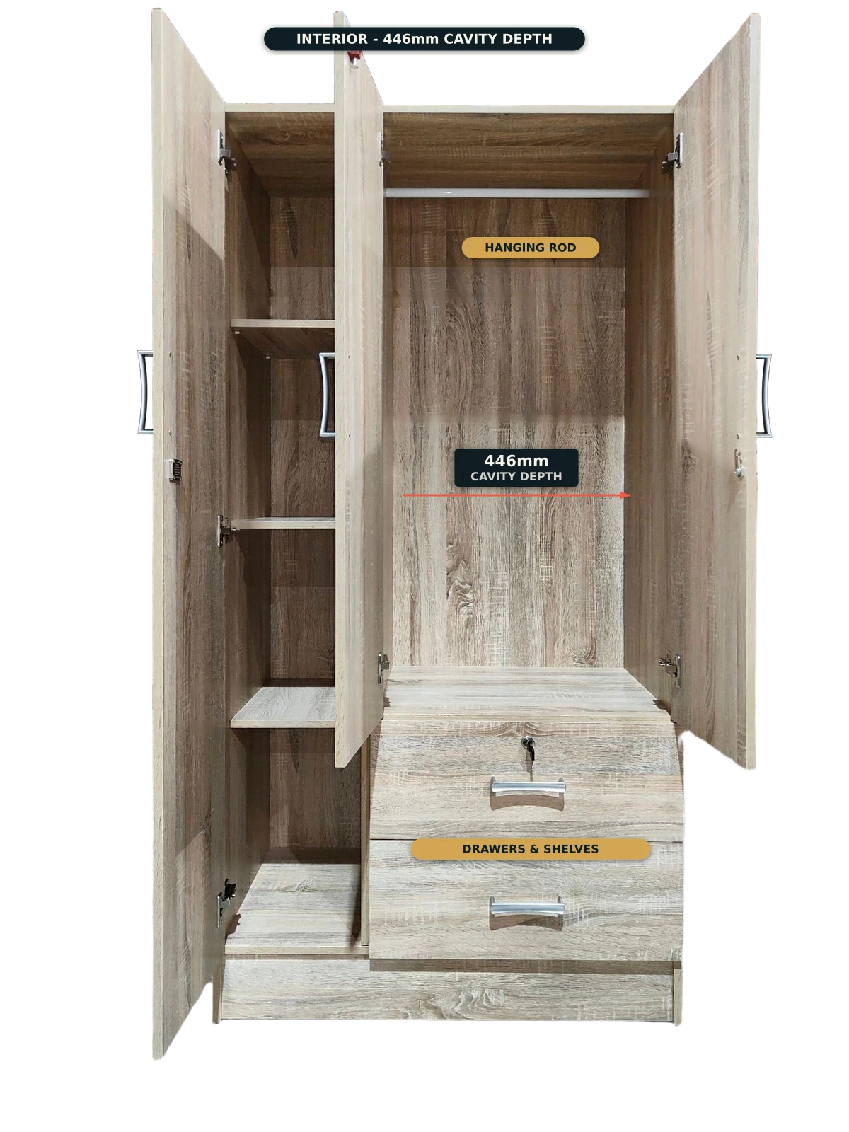 Wardrobe — interior view: 446mm cavity, hanging rod, shelves and drawers