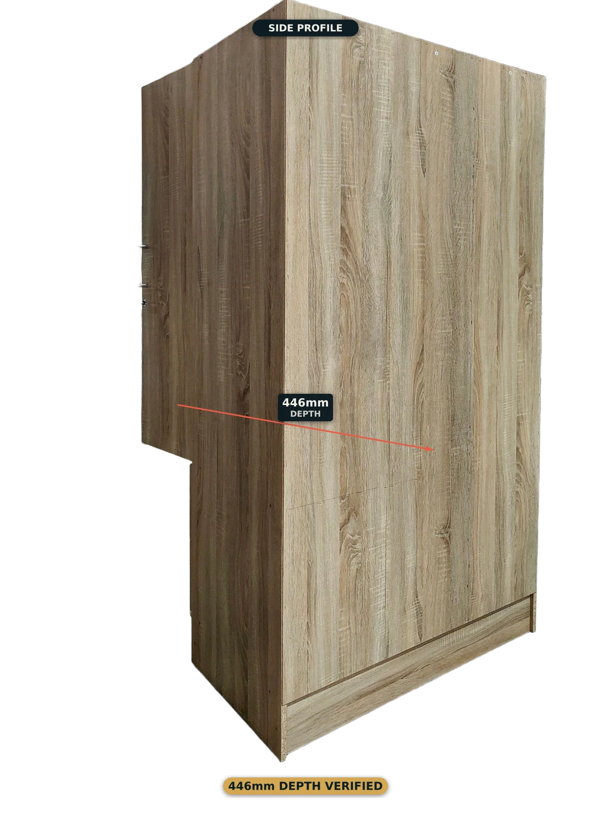Wardrobe — side profile: 446mm exterior depth, 446mm interior cavity