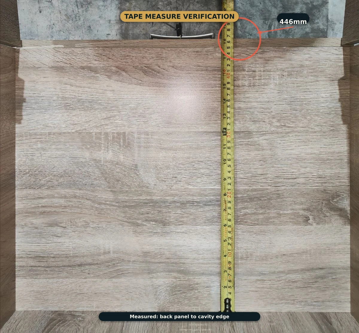 Tape measure verification: 446mm on the spec, 446mm on the tape